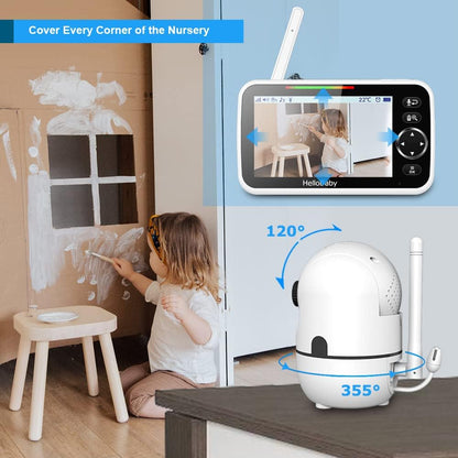 HelloBaby Monitor de bebé sin WiFi, pantalla de 5 pulgadas, batería de 30 horas, video de panorámica/inclinación/zoom mejorado con cámara y audio, visión nocturna, VOX, conversación bidireccional, 8