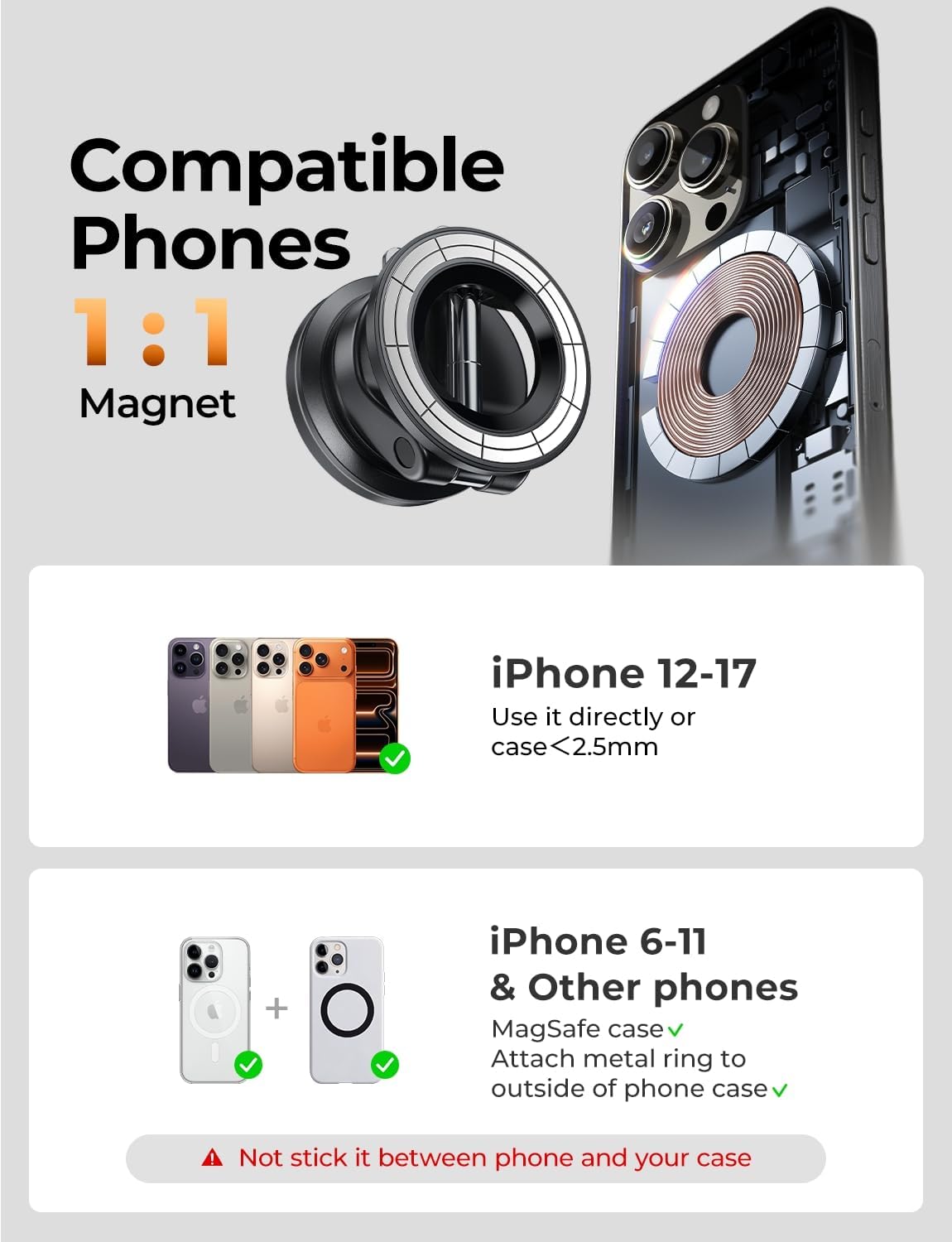 LISEN Magsafe Soporte de automóvil, soportes de teléfono celular para tu automóvil, accesorios magnéticos para automóvil para mujeres y hombres, interior Jeep camión, kits de regalo de succión al