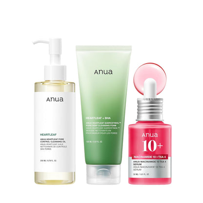 Set de Principiante de 3 Pasos para Piel de Vidrio de ANUA, Doble Limpieza con Suero Facial, Limpiador en Aceite y Jabón Facial con Heartleaf, Rutina Diaria con Niacinamida, Set de Cuidado de la Piel