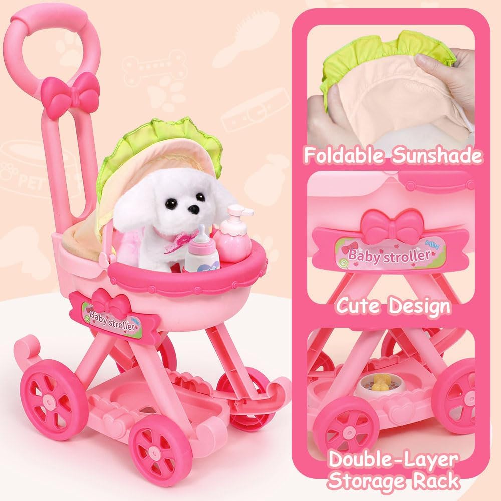 Golray Juguetes de perro para niñas, cochecito y perro de peluche electrónico interactivo que puede caminar, ladrar, 10 piezas de juguete para niña, juego de cuidado de cachorros para niños pequeños