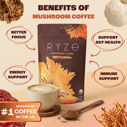 RYZE SUPERFOODS - Café de tostado medio de hongos orgánico USDA con...