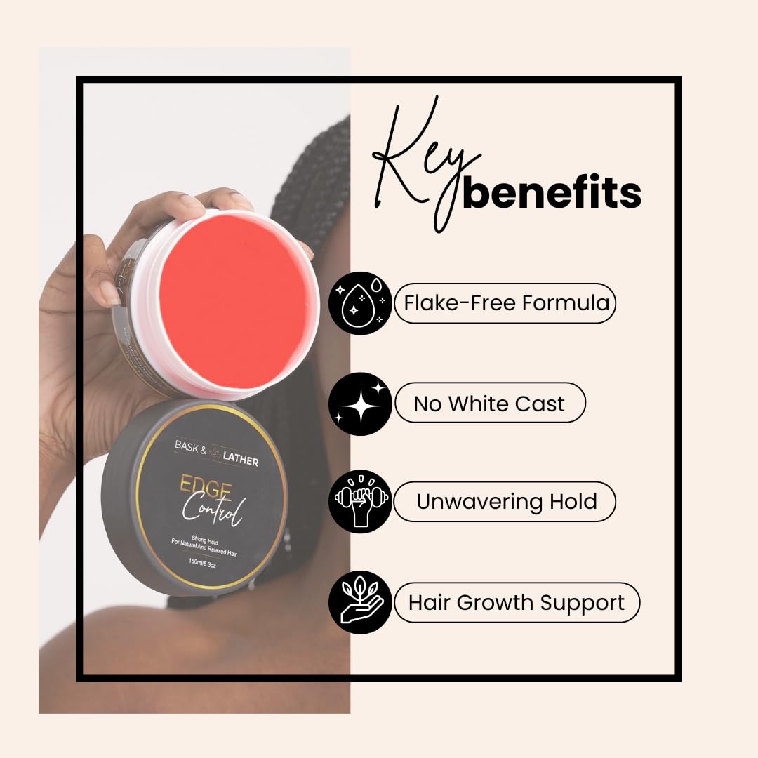BASK & LATHER Gel de control de bordes Strong Hold con aceite de ricino, no graso, no descamado, sin yeso blanco, de larga duración, apoya el crecimiento del cabello, fórmula natural, para todo tipo