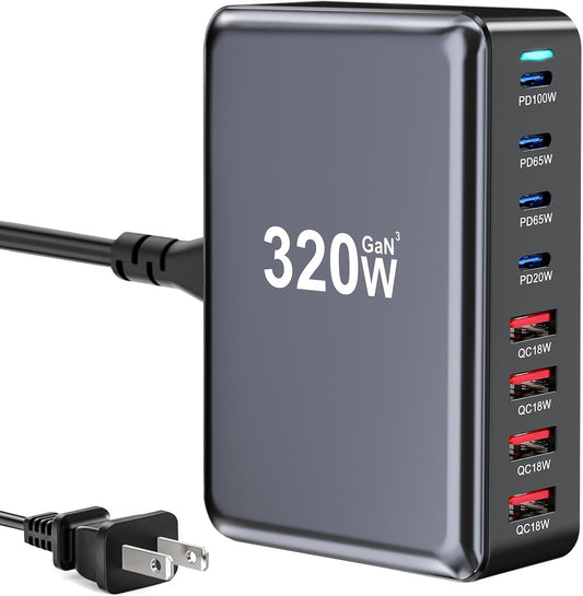 320W USB C Cargador Rápido de Bloque, Estación de Carga USB de 8 Pu...