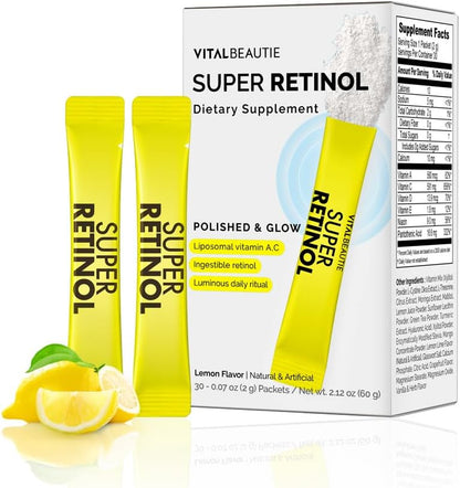 VITALBEAUTIE Super Retinol - Retinol liposomal ingestible y vitamina C 1000 mg en polvo - Suplemento vegano K-Beauty para piel y tono de vidrio radiante, cuidado de manchas oscuras, 30 paquetes