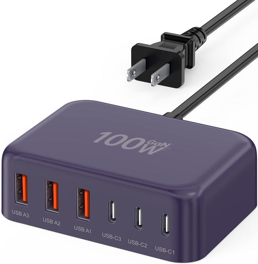 Cargador USB C Rápido, 100W GaN de 6 Puertos Estación de Carga Tipo...