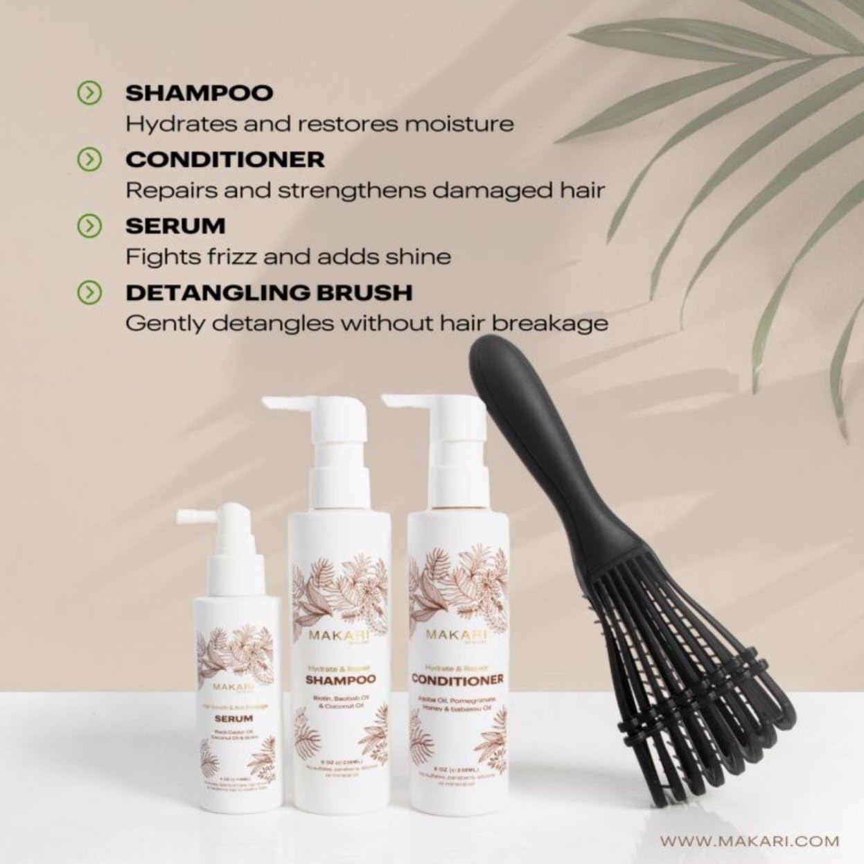 Makari Set de cuidado del cabello con champú, acondicionador, suero y cepillo | Biotina, aceite de ricino negro, jojoba y miel | Hidrata, fortalece y mejora el brillo | Sin sulfato, parabenos ni