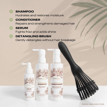 Makari Set de cuidado del cabello con champú, acondicionador, suero y cepillo | Biotina, aceite de ricino negro, jojoba y miel | Hidrata, fortalece y mejora el brillo | Sin sulfato, parabenos ni