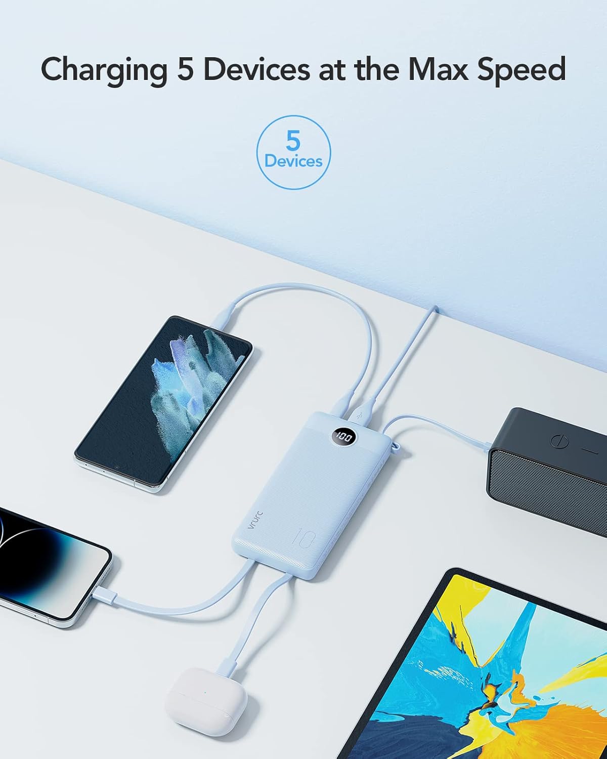 VRURC Banco de energía de 10000 mAh, cables integrados, cargador po...