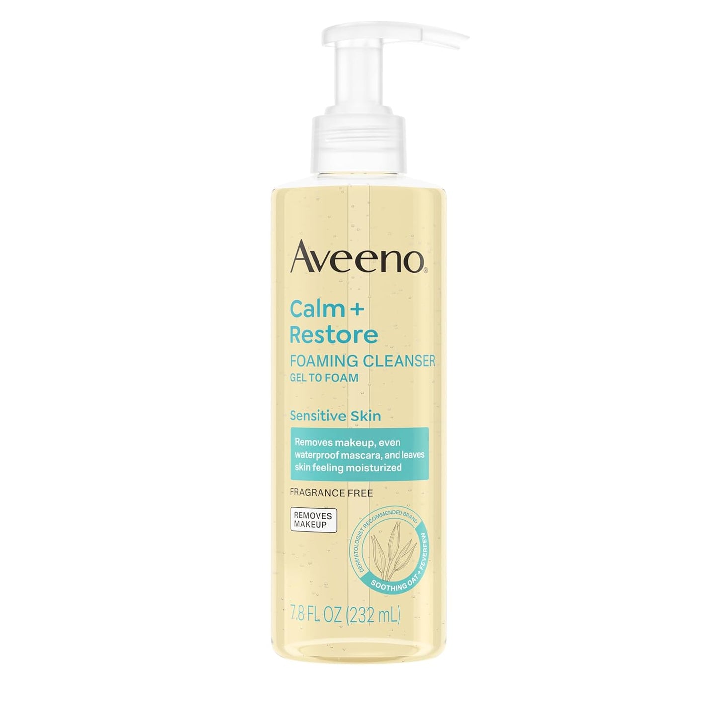 Aveeno Calm + Restore Limpiador espumoso para piel sensible, lavado facial diario que elimina suavemente el maquillaje y limpia la piel con avena calmante, altamisa y ácido hialurónico, sin fragancia
