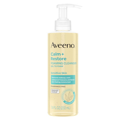 Aveeno Calm + Restore Limpiador espumoso para piel sensible, lavado facial diario que elimina suavemente el maquillaje y limpia la piel con avena calmante, altamisa y ácido hialurónico, sin fragancia