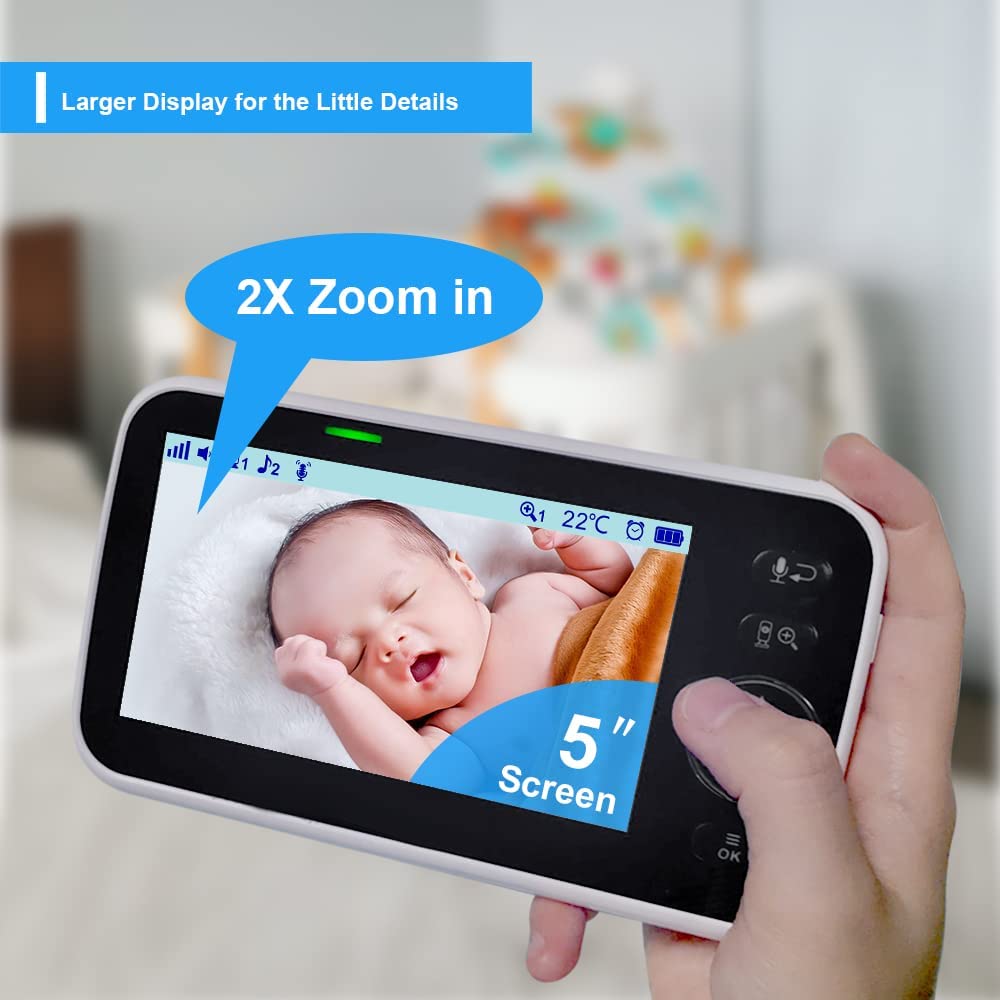 HelloBaby Monitor de bebé sin WiFi, pantalla de 5 pulgadas, batería de 30 horas, video de panorámica/inclinación/zoom mejorado con cámara y audio, visión nocturna, VOX, conversación bidireccional, 8