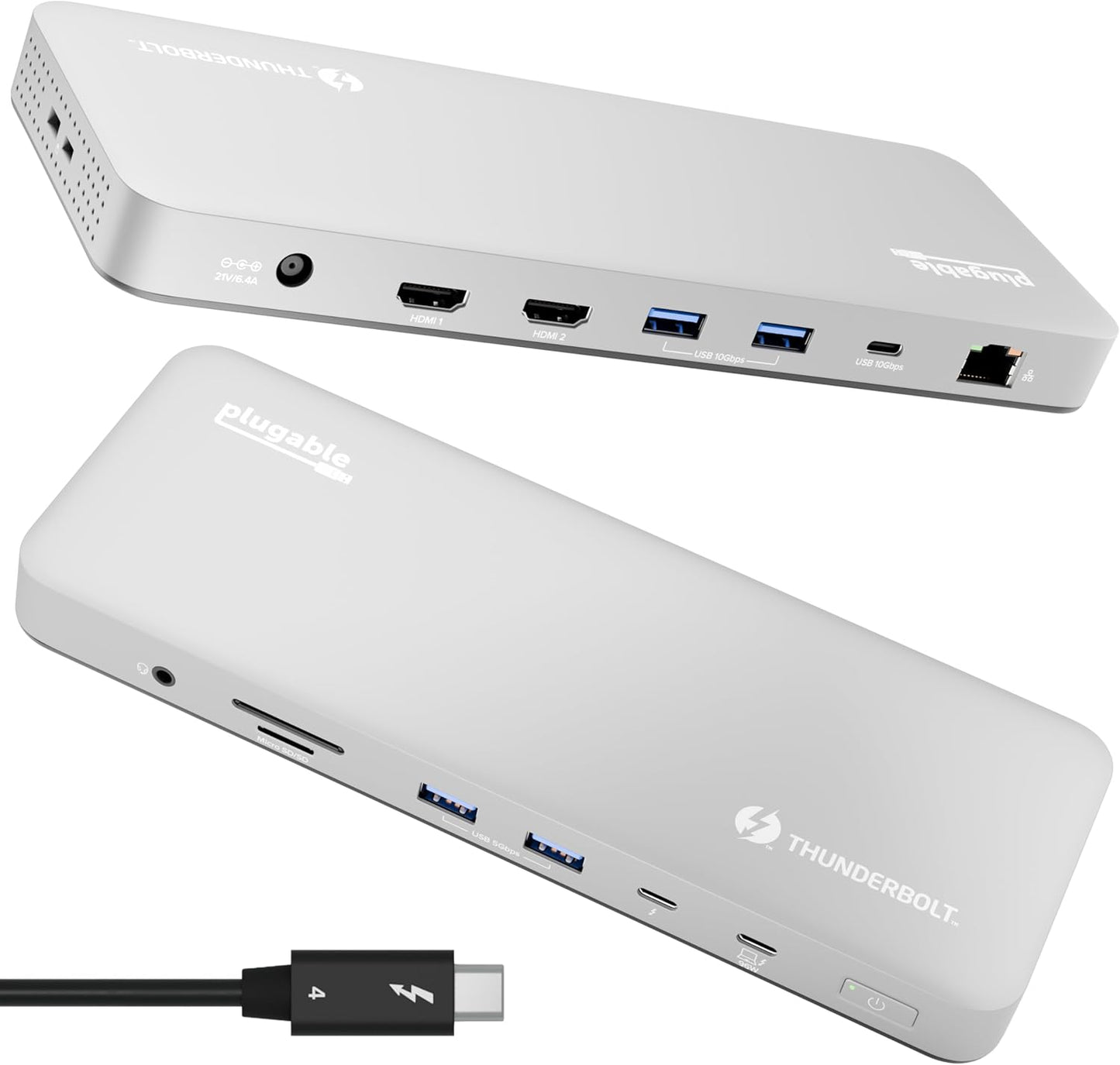 Plugable Base Thunderbolt 4 para M4 MacBook Air y M5 Pro: Estación de Acoplamiento para Portátil sin Controladores con Carga de 100W, Monitor Dual HDMI 4K o Individual 6K, 6X USB, SD, Ethernet