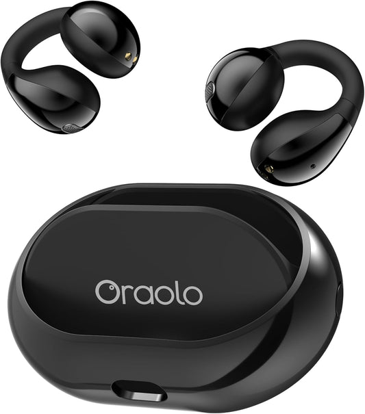 Oraolo Auriculares de oreja abierta, auriculares inalámbricos Bluetooth 5.4 con sonido estéreo, llamada clara ENC, tiempo de reproducción de 21 horas, carga tipo C, control táctil, IPX6 impermeable