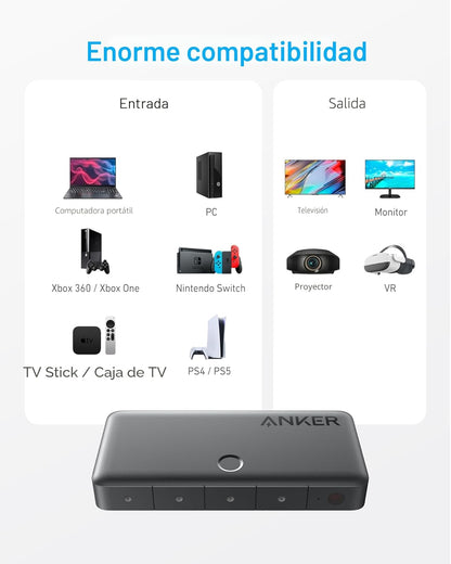 Anker Conmutador HDMI, Conmutador HDMI 4K@60Hz, 4 en 1 salida con acabado suave, compatible con HDR, 3D, Dolby, DTS, compatible con laptops, PC, Xbox, proyector (cargador y baterías del control remoto