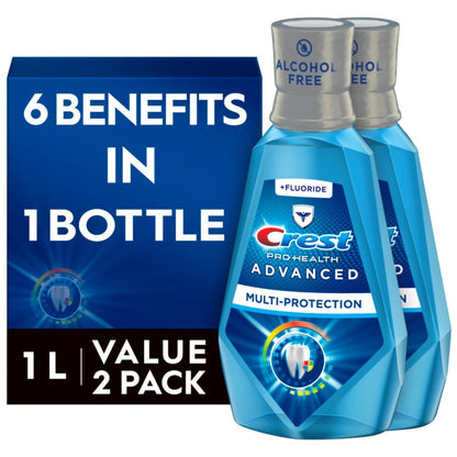 Crest Pro-Health - Enjuague bucal avanzado, sin alcohol, multiprotección, menta fresca, 1 litro, paquete de 2, azul
