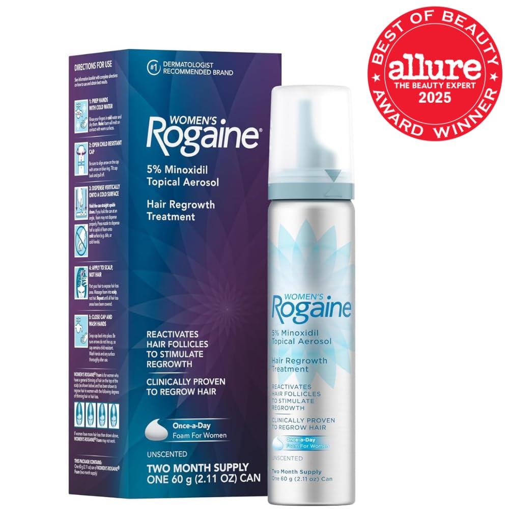 Rogaine - Espuma de minoxidil tópica al 5%, tratamiento contra la caída del cabello de una vez al día para mujeres para hacer crecer un cabello más abundante y grueso, sin perfume, suministro de 2