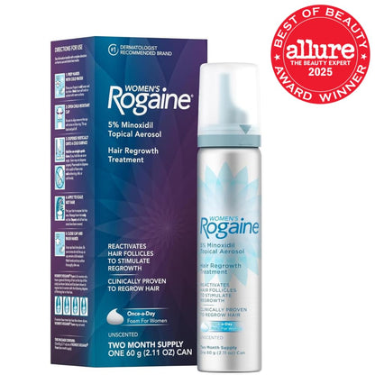Rogaine - Espuma de minoxidil tópica al 5%, tratamiento contra la caída del cabello de una vez al día para mujeres para hacer crecer un cabello más abundante y grueso, sin perfume, suministro de 2