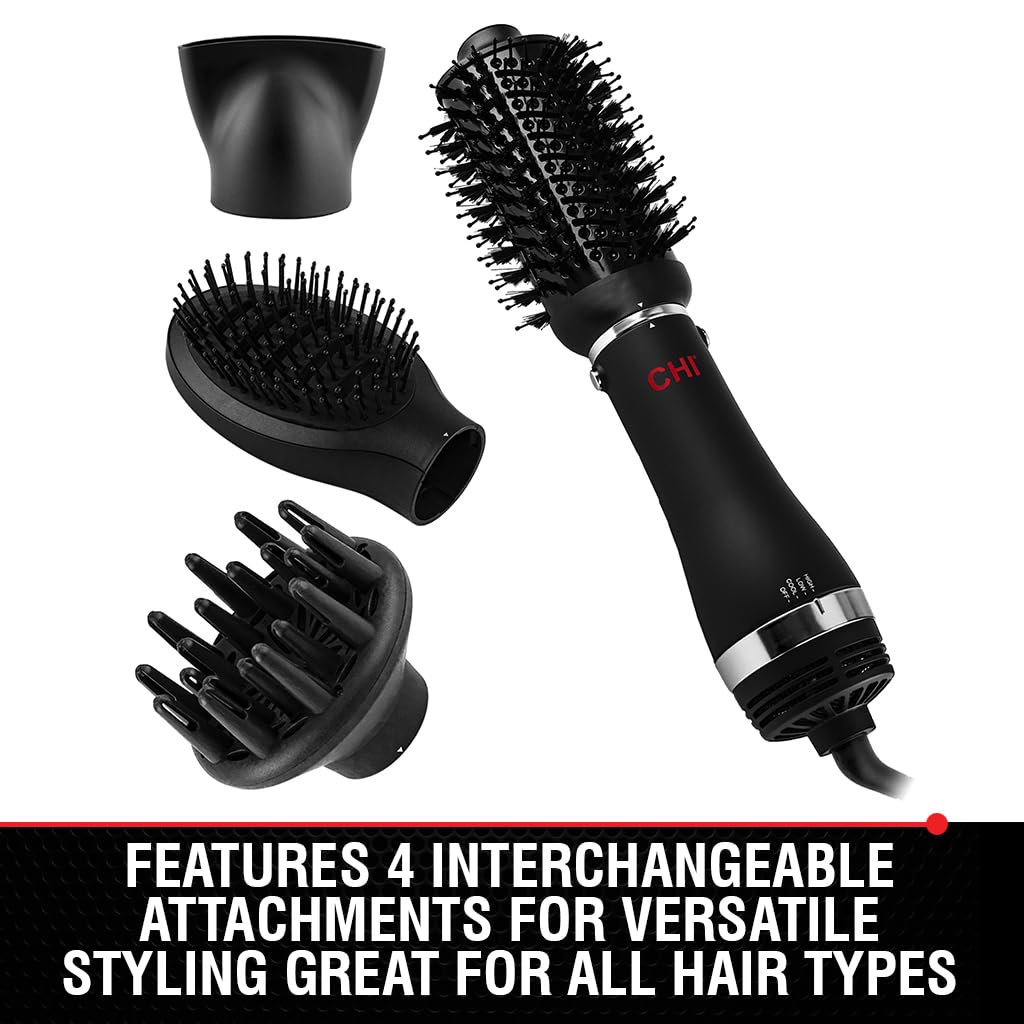 CHI Volumizer - Cepillo de soplado 4 en 1, secador de pelo que crea un cabello suave, sedoso y brillante, cuatro accesorios intercambiables para un estilo versátil, color negro