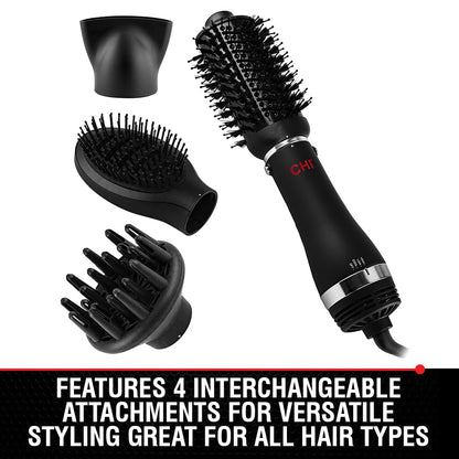 CHI Volumizer - Cepillo de soplado 4 en 1, secador de pelo que crea un cabello suave, sedoso y brillante, cuatro accesorios intercambiables para un estilo versátil, color negro