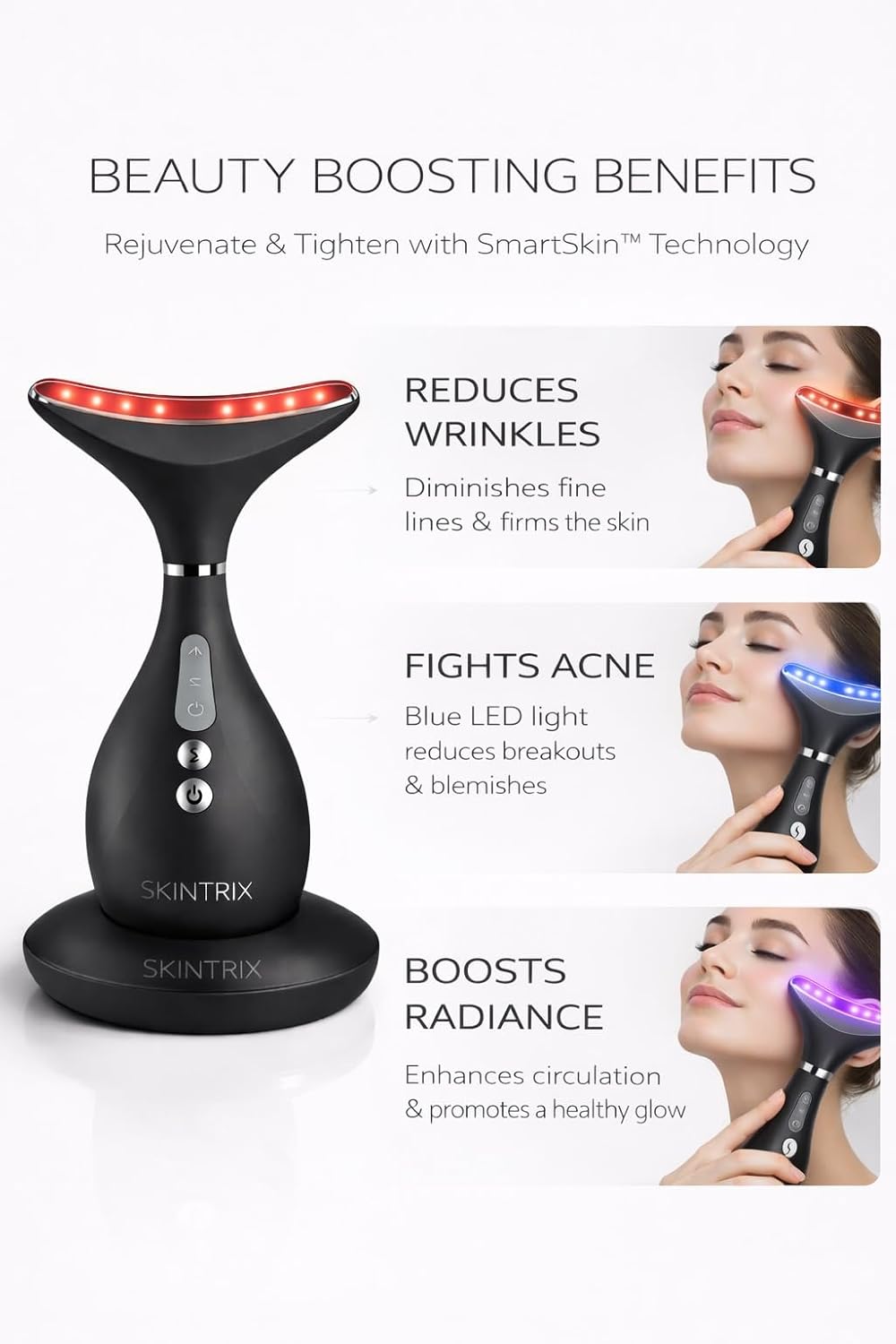 SKINTRIX Masajeador facial y cuello LED 3 en 1, dispositivo de bell...
