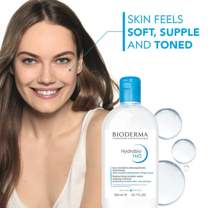 Bioderma Hydrabio DUO H2O - Limpiador de agua micelar y desmaquillante para pieles sensibles deshidratadas, 33.4 onzas líquidas