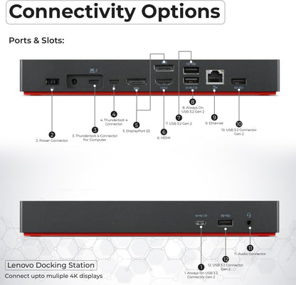 40B00135US Lenovo Thinkpad Docking Station USB C - 1 año de garantía, compatible con pantalla 4K, Thunderbolt 4 Dock con adaptador de 135W, HDMI, DisplayPort, cables Thunderbolt y paño - Estación de