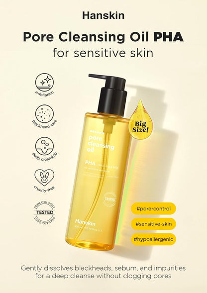 Hanskin K-Beauty - Aceite limpiador PHA (6.76 onzas) y espuma limpiadora | Eliminación de puntos negros, exfoliación suave y cuidado de poros para pieles grasas, propensas al acné y mixtas, juego