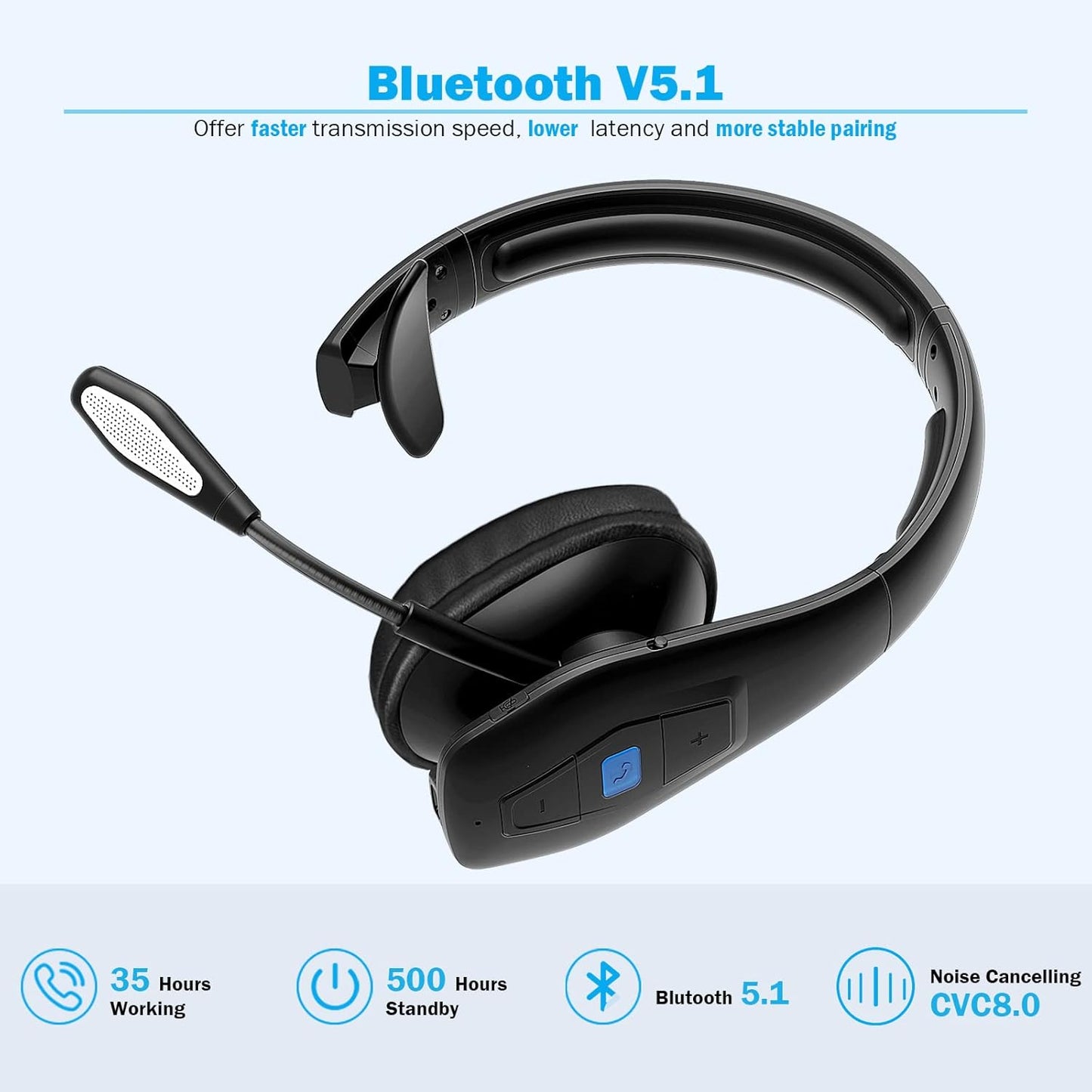 Conambo Auriculares Bluetooth con cancelación de ruido V5.1, 35 horas de tiempo de conversación HD, CVC8.0, micrófono dual manos libres, auriculares inalámbricos, auriculares Bluetooth con botón de