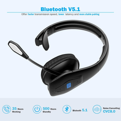 Conambo Auriculares Bluetooth con cancelación de ruido V5.1, 35 horas de tiempo de conversación HD, CVC8.0, micrófono dual manos libres, auriculares inalámbricos, auriculares Bluetooth con botón de
