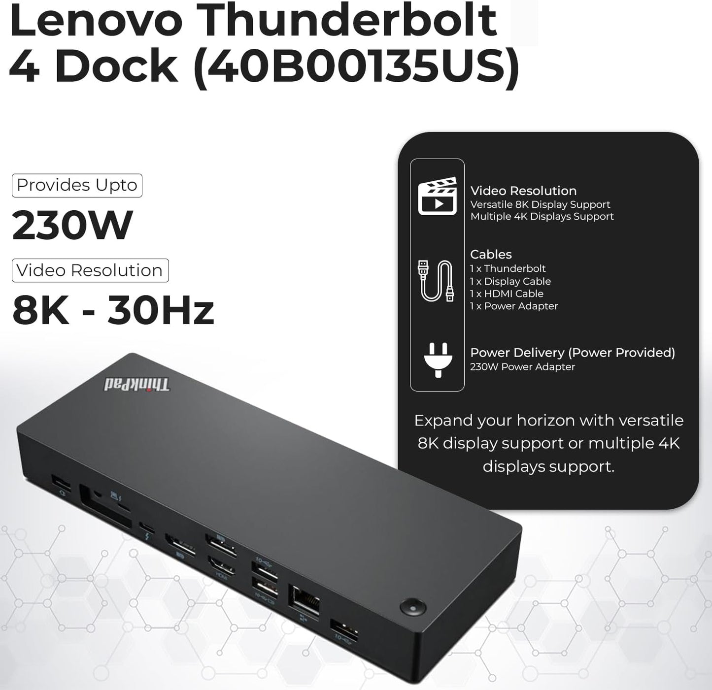 40B00135US Lenovo Thinkpad Docking Station USB C - 1 año de garantía, compatible con pantalla 4K, Thunderbolt 4 Dock con adaptador de 135W, HDMI, DisplayPort, cables Thunderbolt y paño - Estación de