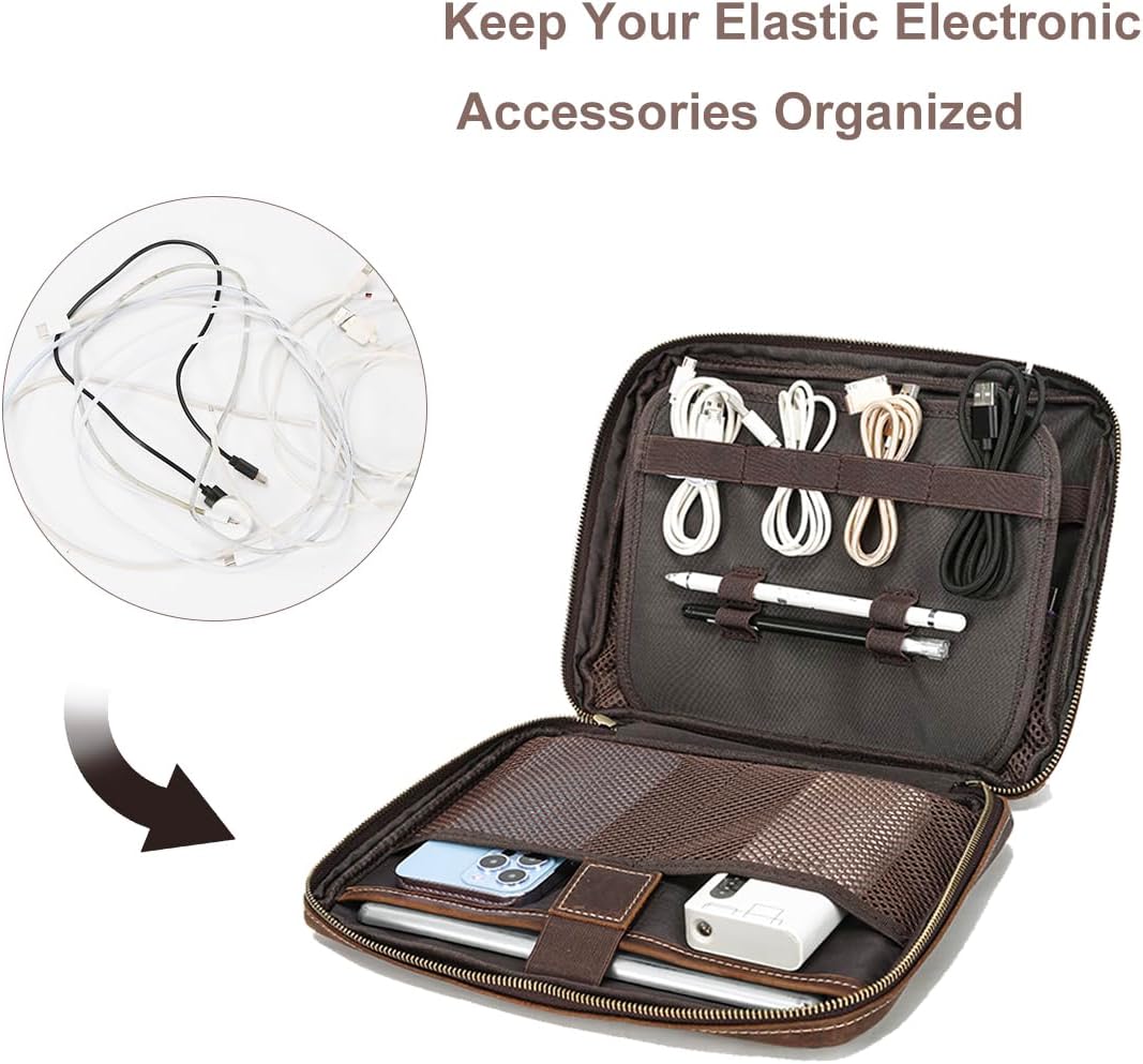 LANNSYNE Organizador electrónico de cuero de grano completo accesorio bolsa de tecnología de viaje, bolsa de accesorios de cable, estuche de transporte de almacenamiento para cargador, teléfono, banco