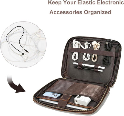 LANNSYNE Organizador electrónico de cuero de grano completo accesorio bolsa de tecnología de viaje, bolsa de accesorios de cable, estuche de transporte de almacenamiento para cargador, teléfono, banco