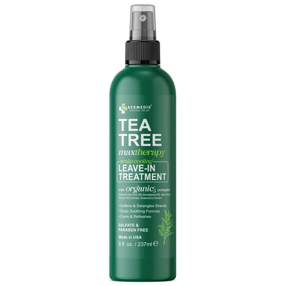 Aceite de árbol de té puro sin enjuague en espray desenredante, control del encrespamiento, tratamiento intensivo para el cuero cabelludo seco y con picazón, alivio contra la caspa y la