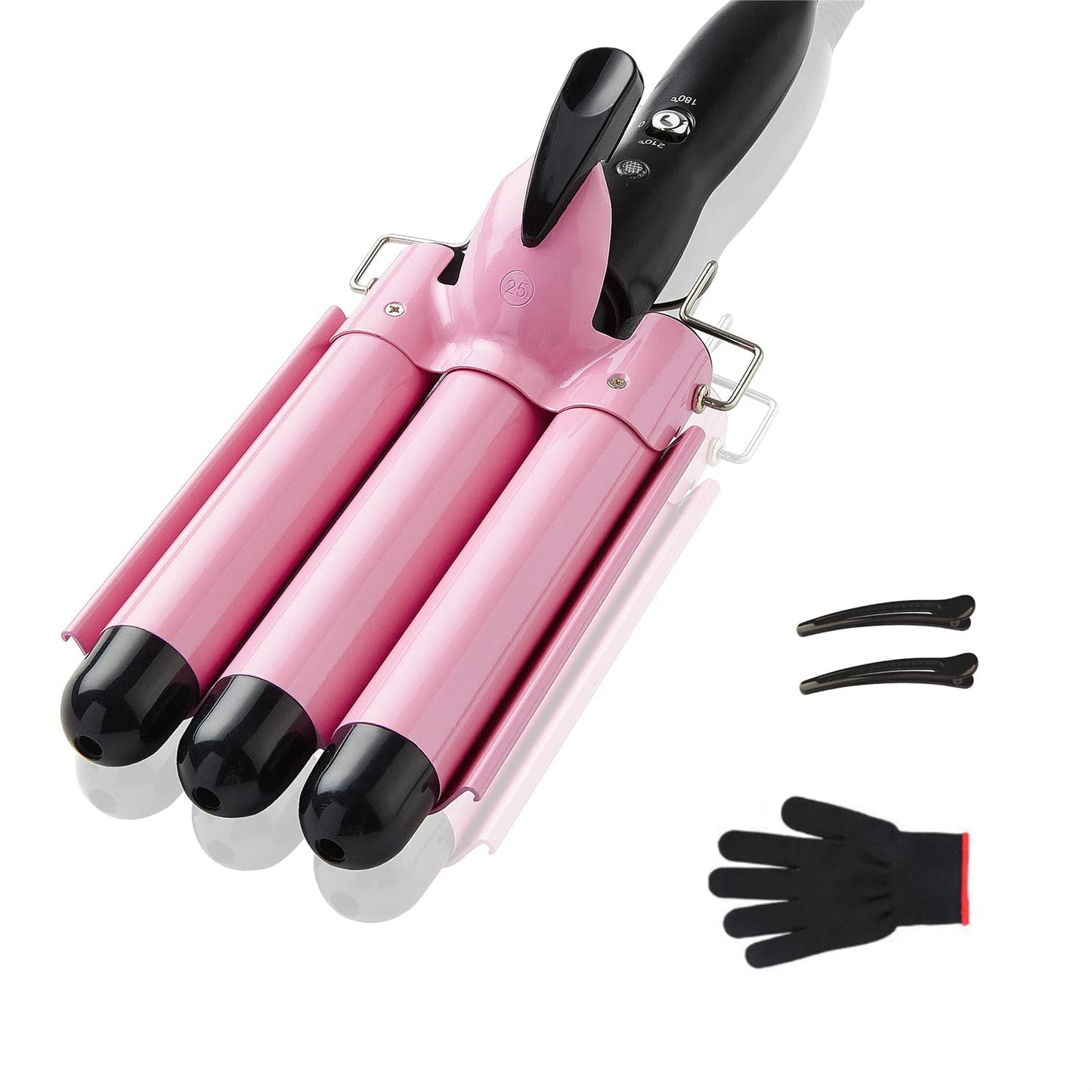 TOP4EVER Rizador de 3 barriles, herramienta de pelo de 1 pulgada, rizador para mujer, ondas de playa con dos ajustes de temperatura, color rosa
