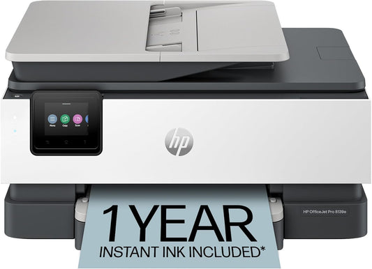 HP OfficeJet Pro 8139e Impresora inalámbrica de inyección de tinta todo en uno, impresión, escaneo, copia, fax, ADF, impresión a doble cara Lo mejor para la oficina en casa, 1 año de prueba de tinta instantánea incluida, habilitada para IA (40Q51A)