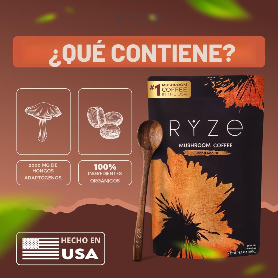 RYZE SUPERFOODS Café de hongos tostado oscuro, 6 hongos adaptogénic...