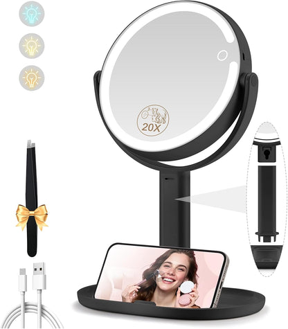 MOMOKUBA Espejo de maquillaje con luces, espejo de aumento de doble...