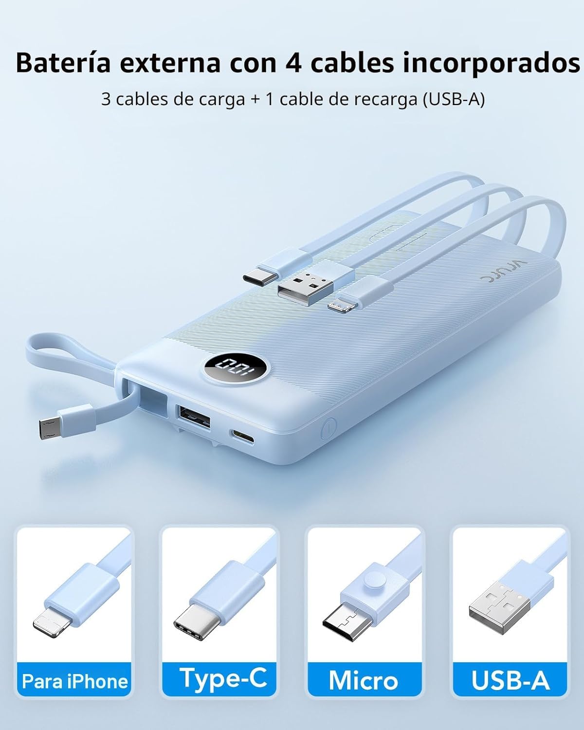 VRURC Banco de energía de 10000 mAh, cables integrados, cargador po...