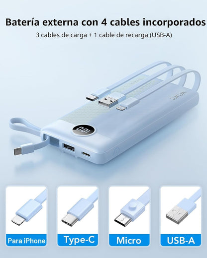 VRURC Banco de energía de 10000 mAh, cables integrados, cargador po...