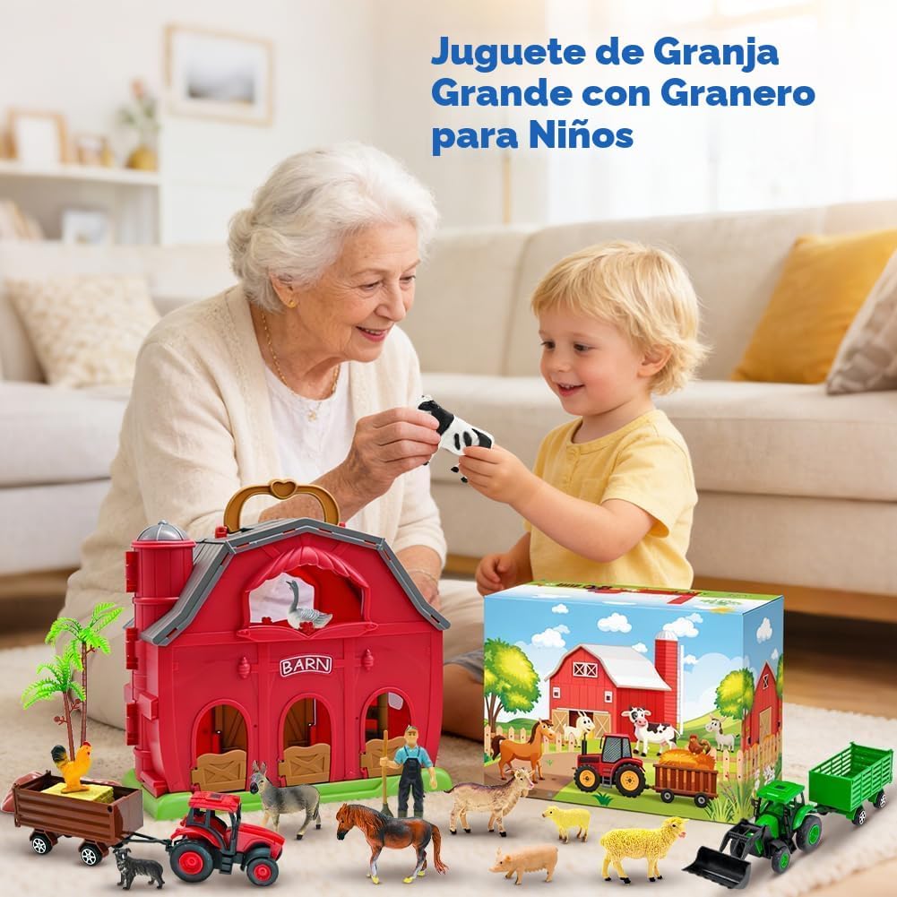 BOLZRA Farm Animals Big Red Barn Toy con Tractors Fence para Toddlers 1-5