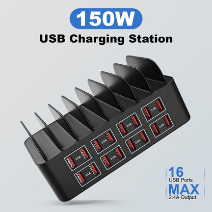Estación de carga para múltiples dispositivos, estación de carga USB Cinlinso de 150 W/35 A, 16 puertos, organizador de cargador rápido para múltiples dispositivos, compatible con iPad, tableta, teléfono celular Kindle y otros dispositivos electrónicos