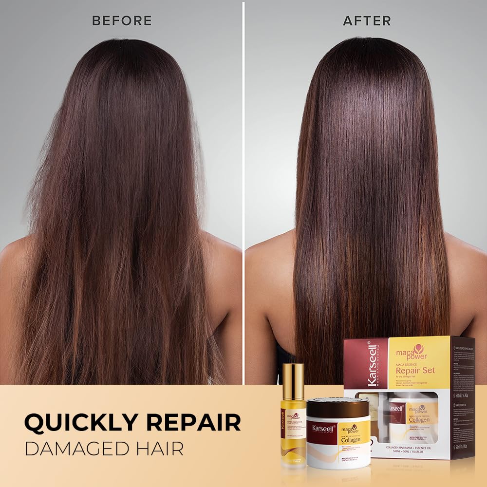 Máscara de Tratamiento Capilar de Colágeno Karseell, Juego de Aceite de Argán para Acondicionador de Reparación Profunda de Cabello Dañado, Seco y Todo Tipo de Cabello, 16.9 onzas líquidas + 1.69