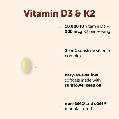 Micro Ingredients Vitamina D3 10,000 UI + K2 MK-7 200 mcg por porci...