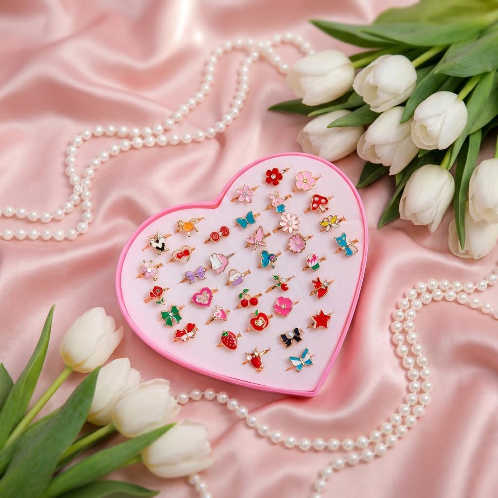 36 anillos de joyería de aleación para niña, ajustables, sin duplicación, anillos de juego para niños en caja, anillos de simulación y disfraces para niñas de 4 a 12 años, regalos de cumpleaños