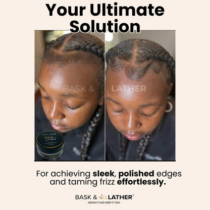 BASK & LATHER Gel de control de bordes Strong Hold con aceite de ricino, no graso, no descamado, sin yeso blanco, de larga duración, apoya el crecimiento del cabello, fórmula natural, para todo tipo