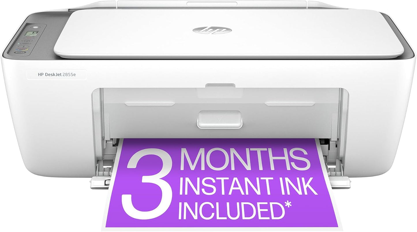 HP DeskJet 2855e Impresora inalámbrica de inyección de tinta todo en uno, escáner, fotocopiadora, lo mejor para el hogar, 3 meses de tinta instantánea incluida, conectividad Wi-Fi de una sola banda