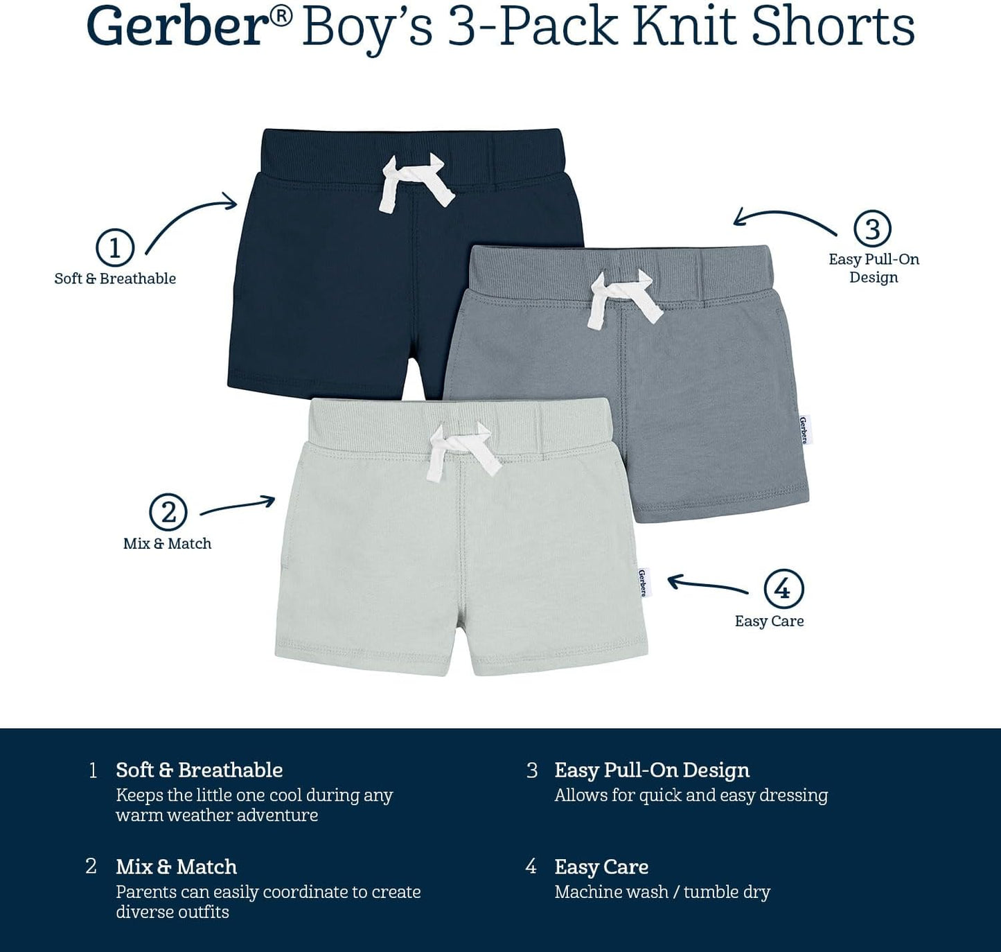 Gerber Paquete de 3 pantalones cortos de punto para bebé niño