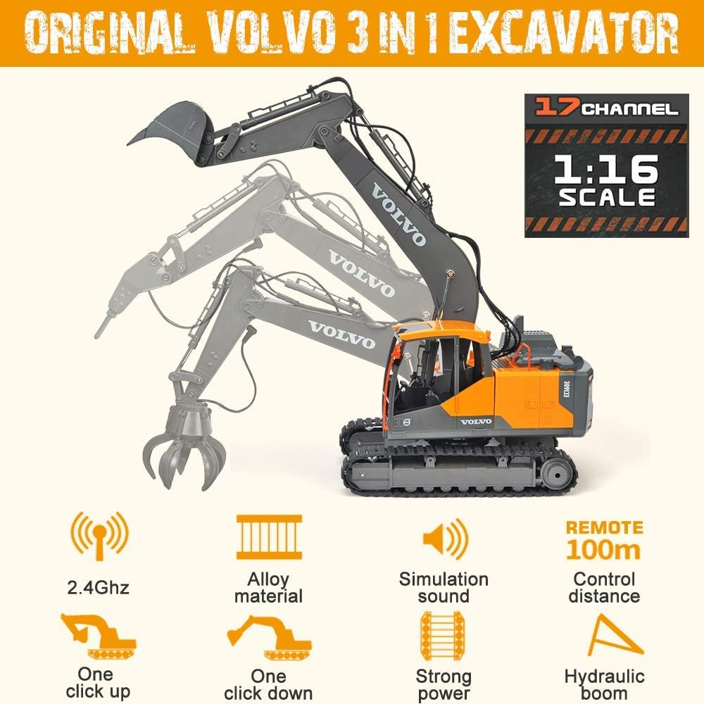 Double E Volvo - Excavadora de control remoto a escala 1:16, juguet...