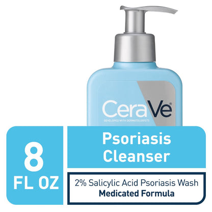CeraVe Limpiador para el tratamiento de la psoriasis, con ácido salicílico para el alivio de la picazón de la piel seca y ácido láctico para la exfoliación, sin fragancias y probado contra alergias, 8