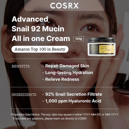 COSRX Snail Mucin Duo - Snail 92 Cream & Snail 96 Essence, Gel Hidratante Facial Diario y Suero Hidratante para el Rostro con Filtrado de Secreción de Caracol, Cuidado de la Piel Coreano